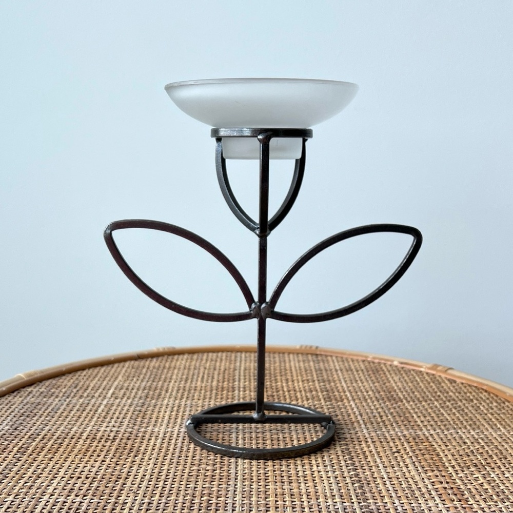 Vintage Flower Shaped Candle Holder Metal & Glass
